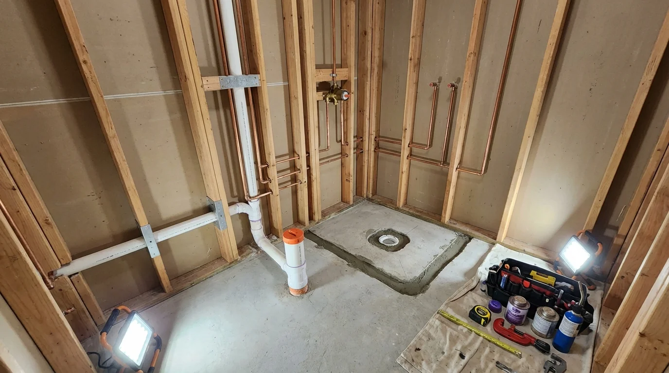 Bathroom rough-in plumbing during remodel by Johns Plumbing LLC in Old Bethpage