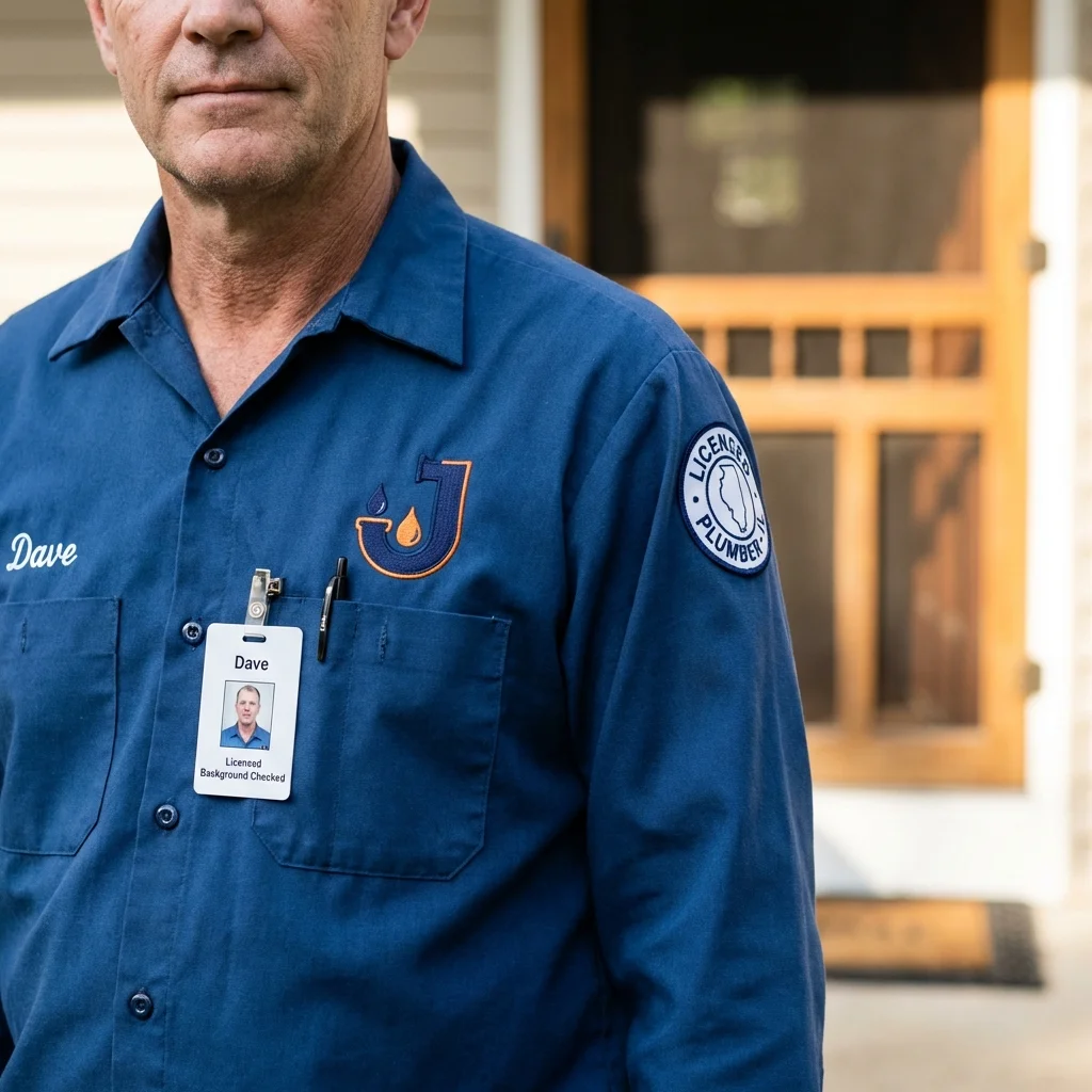 Licensed plumber showing ID badge in Old Bethpage, NY