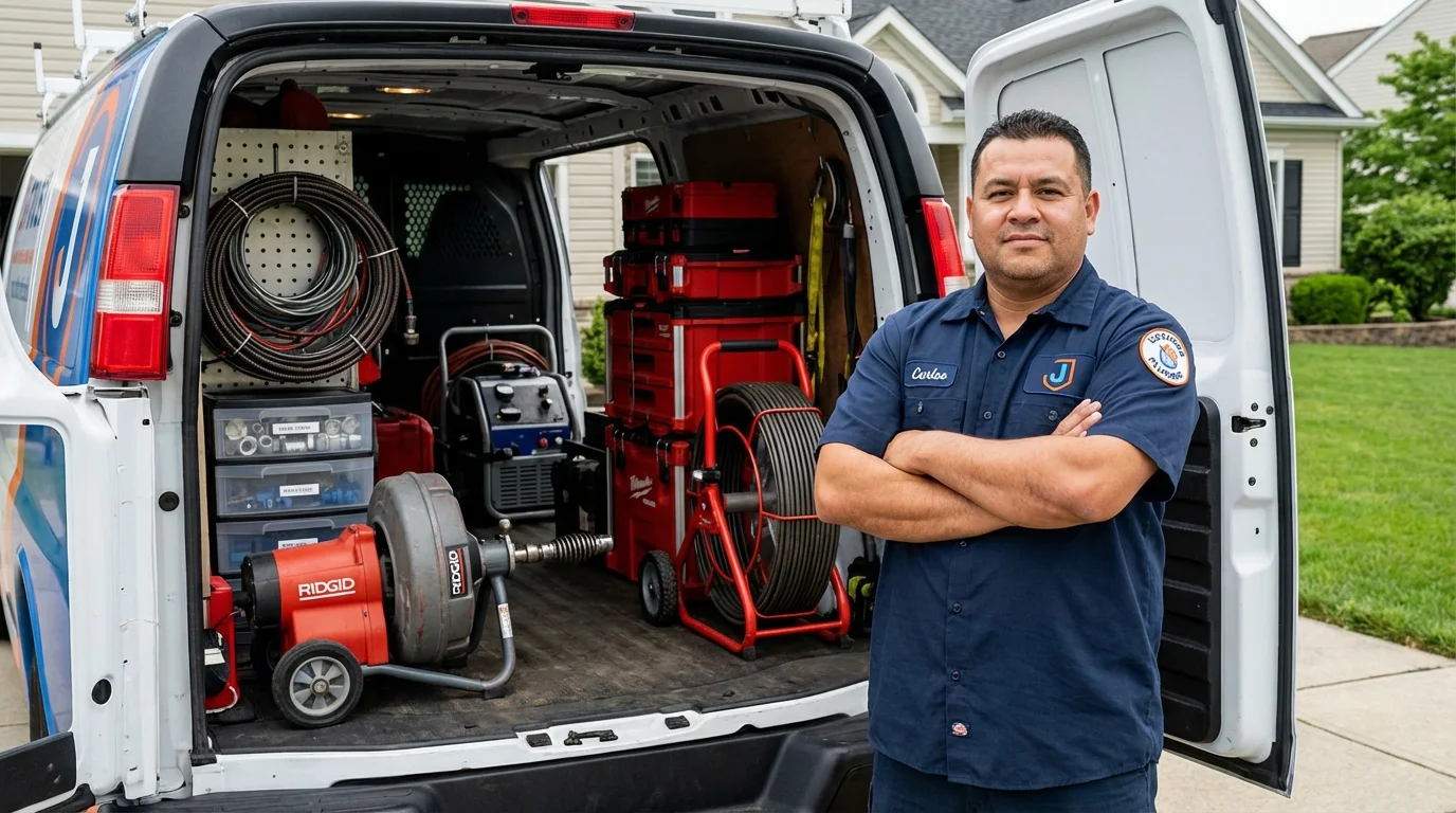 Professional drain cleaning equipment and Johns Plumbing LLC plumber in Old Bethpage