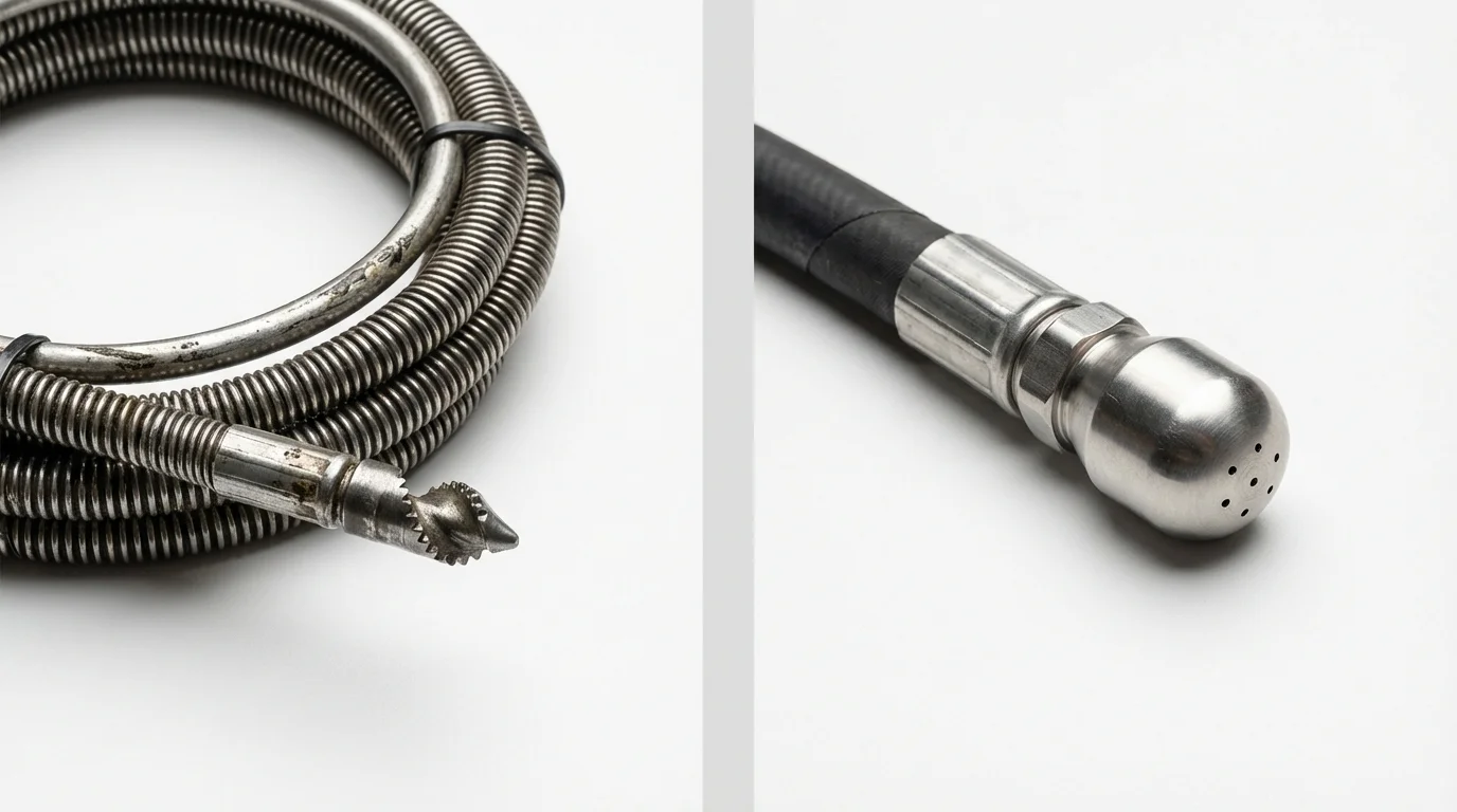 Drain snake cable and hydro jetting nozzle used for drain cleaning in Old Bethpage, NY