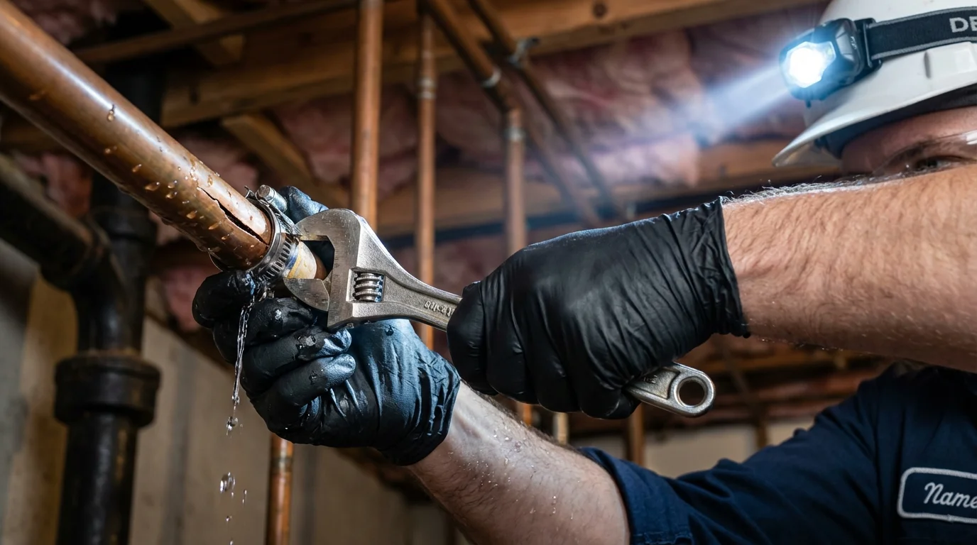 Emergency pipe clamp repair being performed by a Johns Plumbing LLC plumber in Old Bethpage