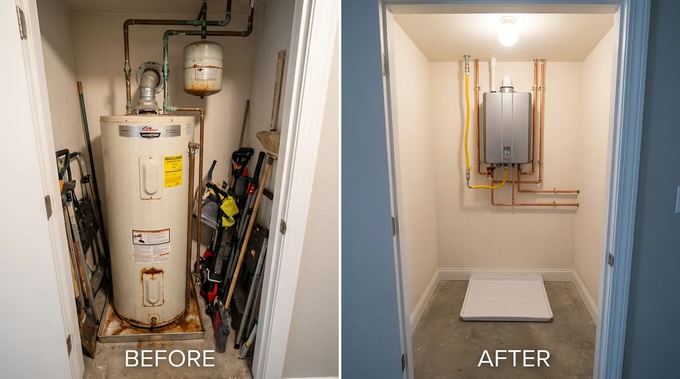 Tank water heater versus wall-mounted tankless unit comparison for Old Bethpage, NY homeowners