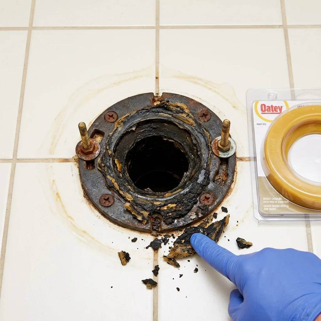 Failed wax ring showing water seepage at the base of a toilet in a Old Bethpage, NY home