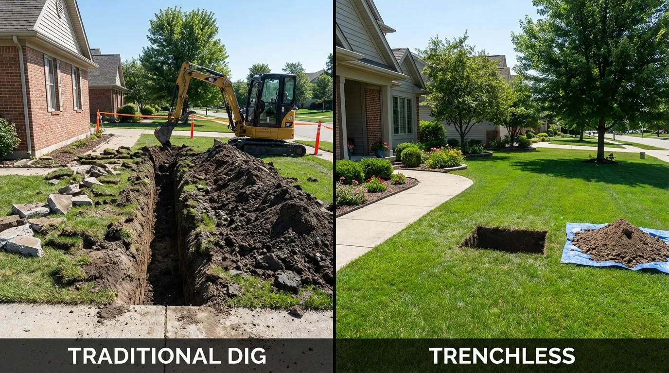 Trenchless sewer repair with minimal yard damage versus traditional excavation in Old Bethpage, NY