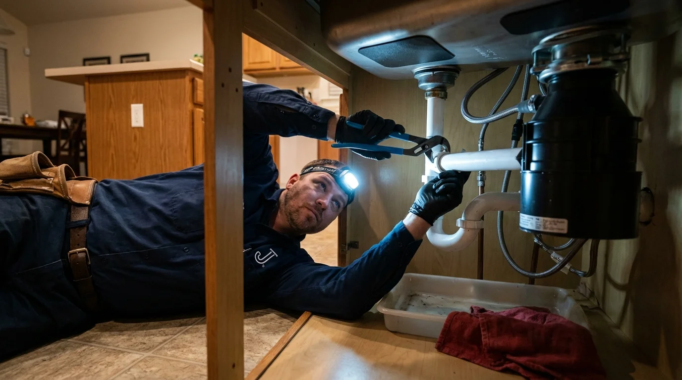 P-trap and supply line connections under a kitchen sink showing a common leak point in Old Bethpage, NY